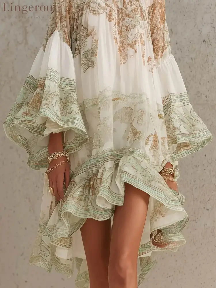 Boho Printed Ruffled Flare Sleeve Stretchy Polyester Womens Mini Dress