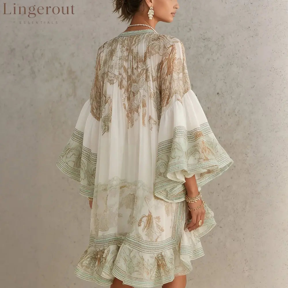 Boho Printed Ruffled Flare Sleeve Stretchy Polyester Womens Mini Dress