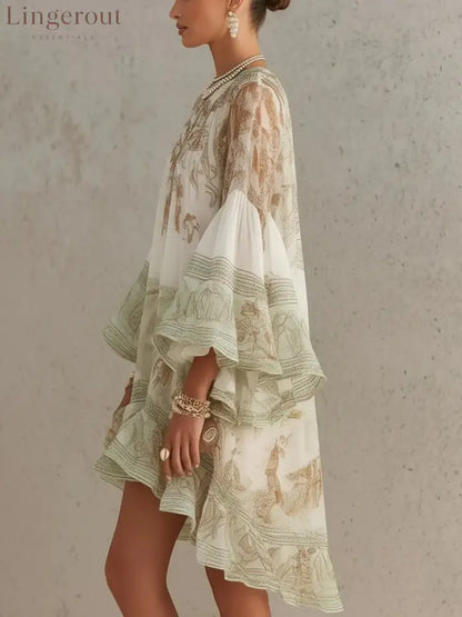 Boho Printed Ruffled Flare Sleeve Stretchy Polyester Womens Mini Dress
