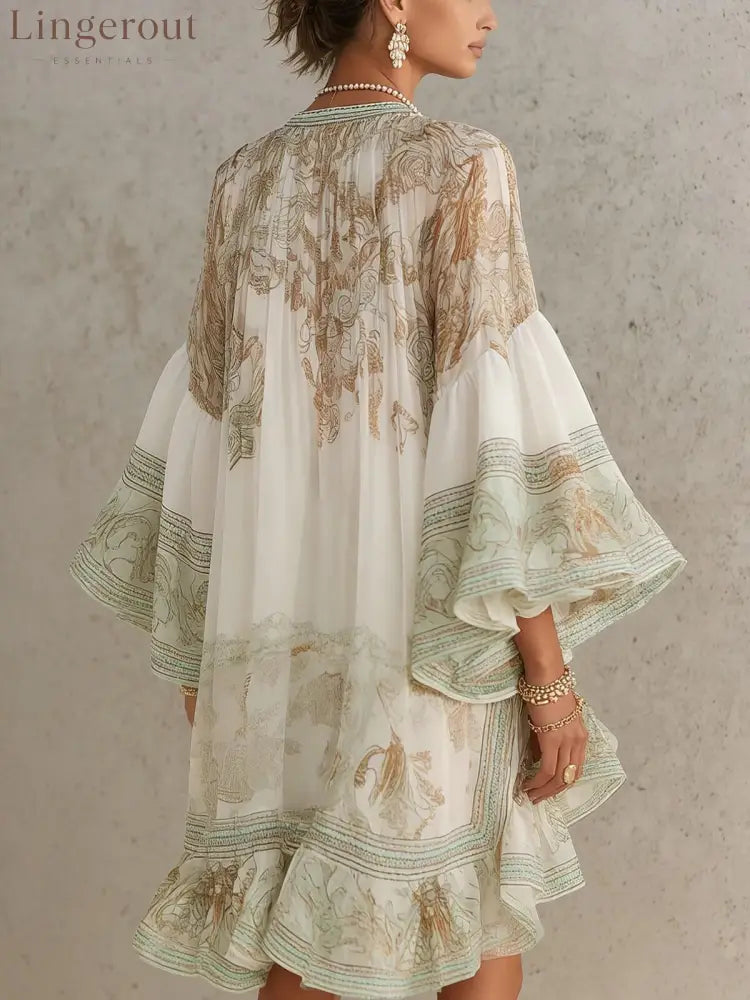 Boho Printed Ruffled Flare Sleeve Stretchy Polyester Womens Mini Dress