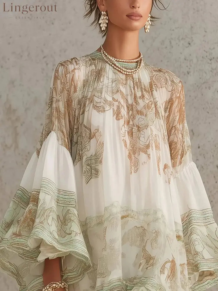 Boho Printed Ruffled Flare Sleeve Stretchy Polyester Womens Mini Dress