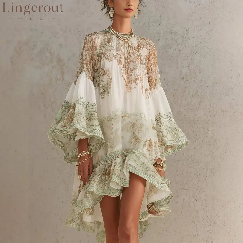 Boho Printed Ruffled Flare Sleeve Stretchy Polyester Womens Mini Dress - Milky White / S