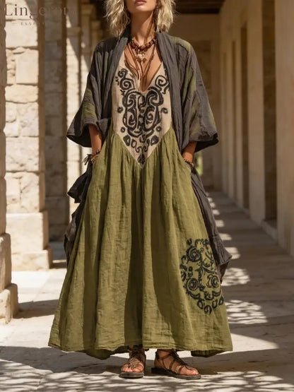 Boho Retro Loose Linen Cotton Two-piece Set - Olives / XS