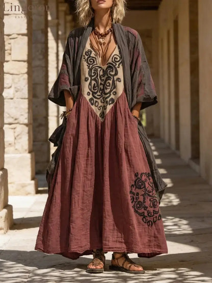 Boho Retro Loose Linen Cotton Two-piece Set - Wine / XS