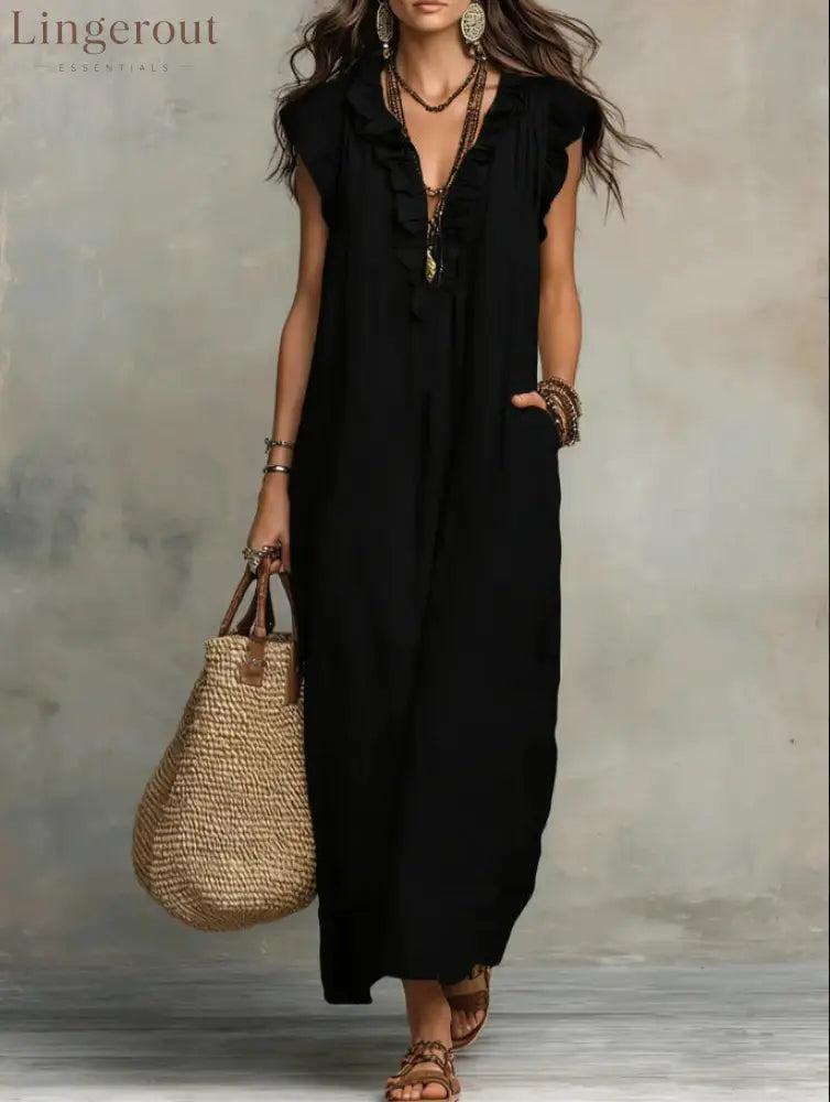 Boho Ruffled V-neck Linen Maxi Dress - Black / S
