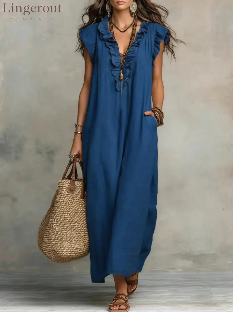 Boho Ruffled V-neck Linen Maxi Dress - Blue / S