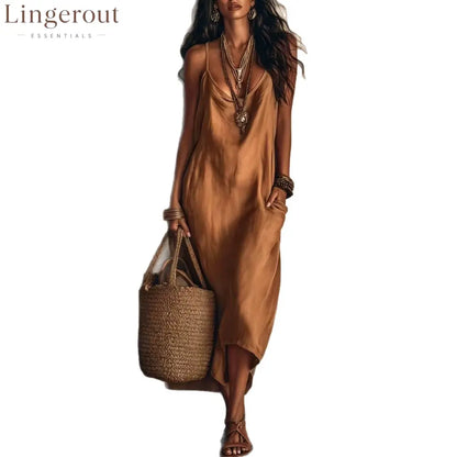 Boho Satin Cowl Neck Spaghetti Strap Midi Slip Dress with Side Pockets