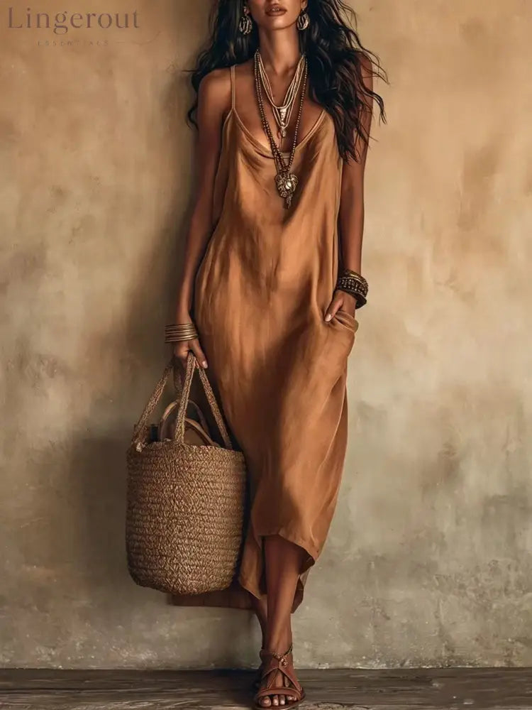 Boho Satin Cowl Neck Spaghetti Strap Midi Slip Dress with Side Pockets - Bronze / XS