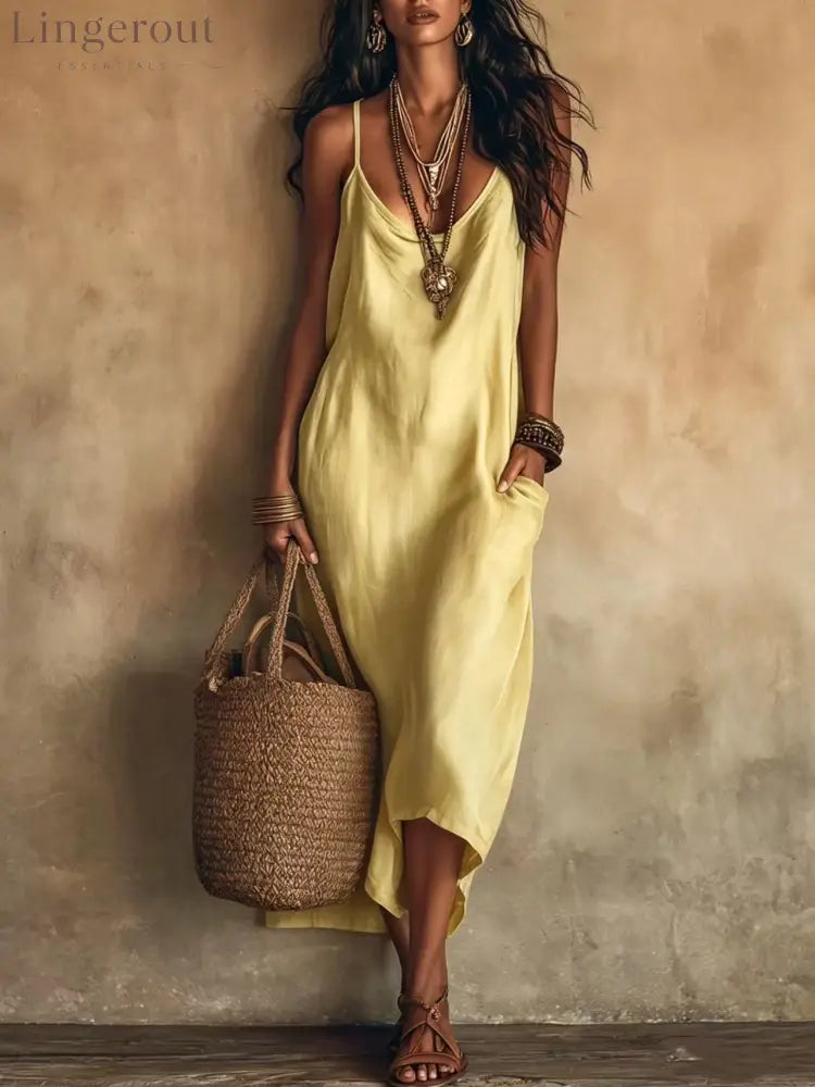 Boho Satin Cowl Neck Spaghetti Strap Midi Slip Dress with Side Pockets - Light yellow / XS