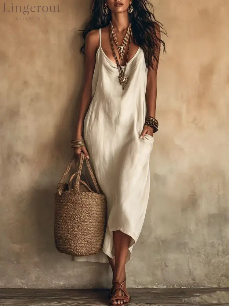 Boho Satin Cowl Neck Spaghetti Strap Midi Slip Dress with Side Pockets - White / XS