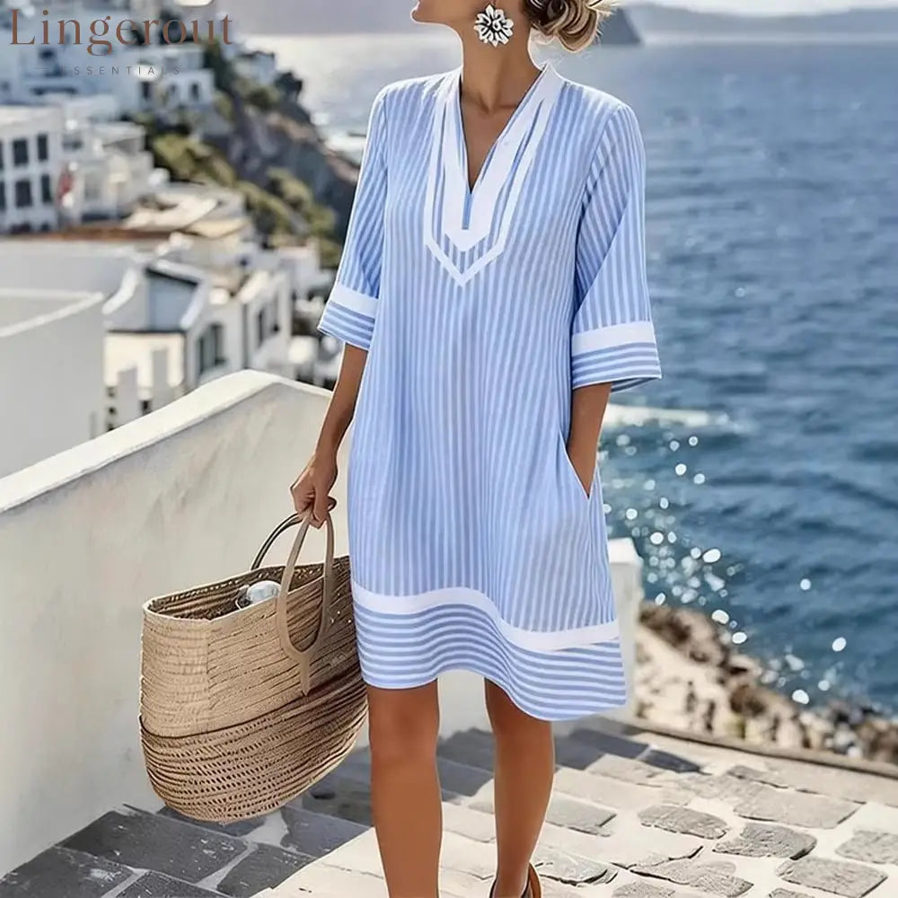 Boho V-Neck Short Sleeve Striped Dress - Blue / S - Dresses