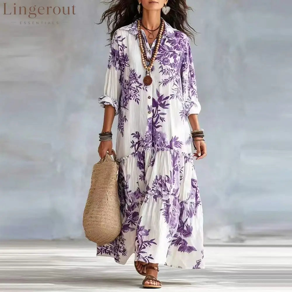 Botanical Floral Print Linen Tiered Shirt Maxi Dress - Purple / S