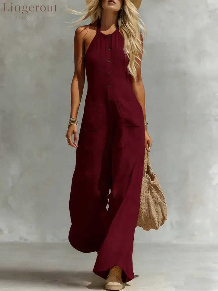 Breezy Halter Wide-Leg Jumpsuit - Burgundy / S