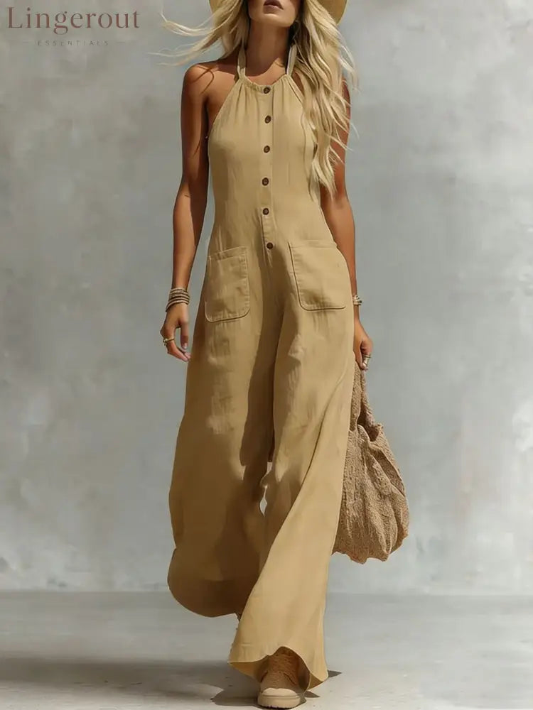Breezy Halter Wide-Leg Jumpsuit - Khaki / S