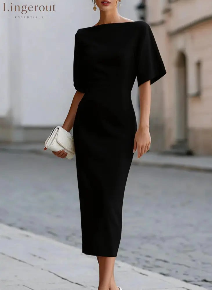 Briar Midi Dress with Bateau Neckline & Tailored Fit - Black / S