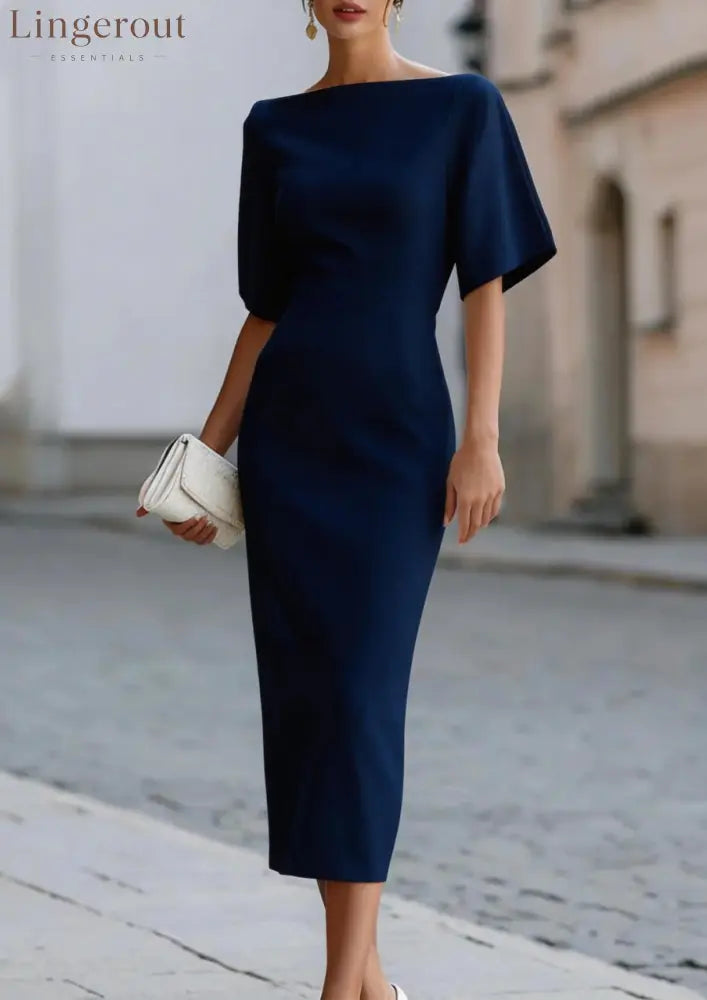 Briar Midi Dress with Bateau Neckline & Tailored Fit - Navy / S