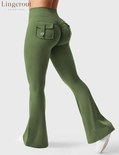 Brittany Flared Leggings with Pockets - Green / XS