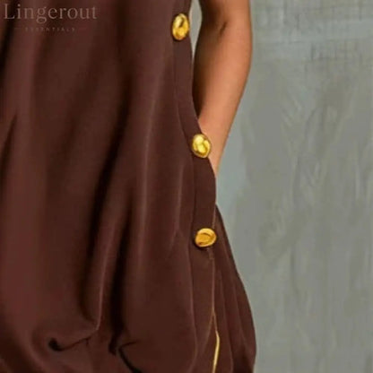 Brown Yellow Piping One Shoulder Button Side Loose Mini Dress