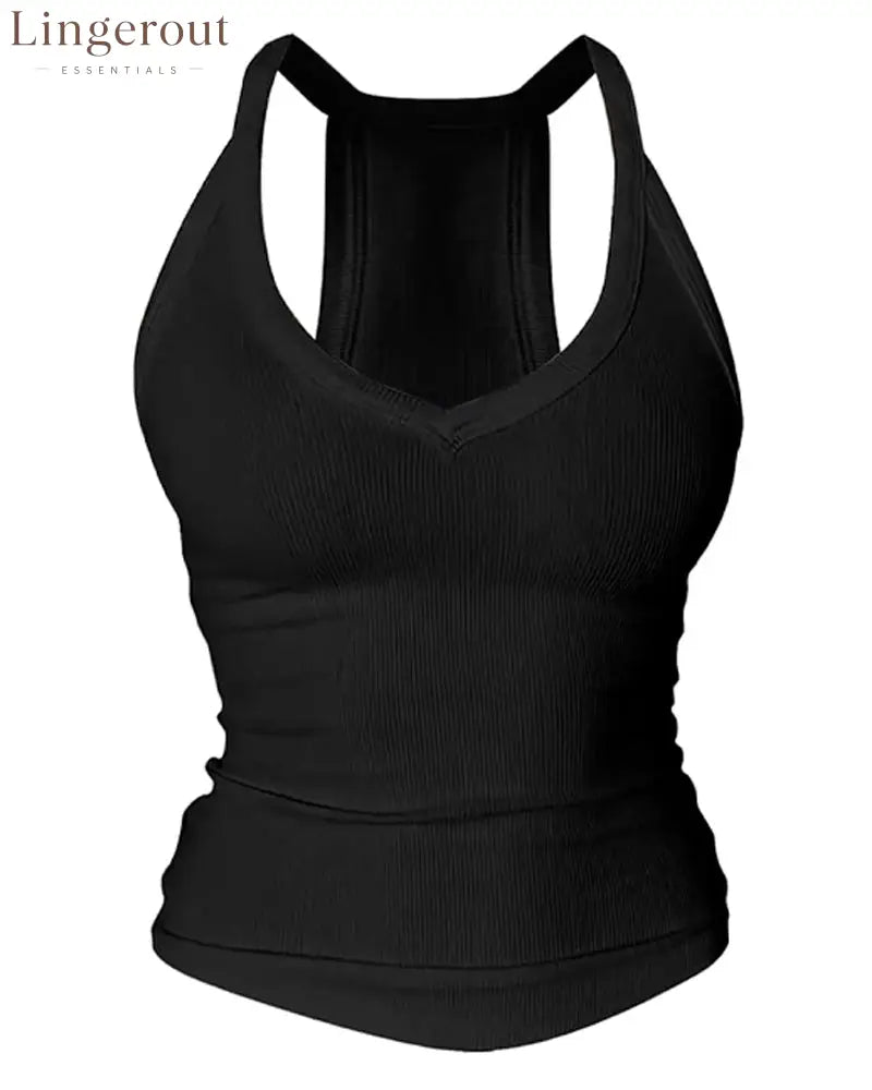 Built-in Bra V-Neck Ribbed Spaghetti Strap Cami Top - Black / S