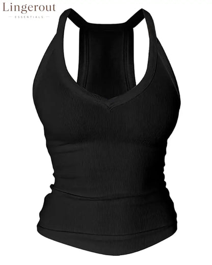 Built-in Bra V-Neck Ribbed Spaghetti Strap Cami Top - Black / S