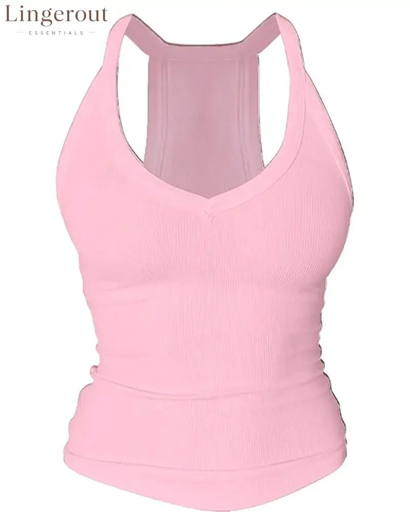 Built-in Bra V-Neck Ribbed Spaghetti Strap Cami Top - Pink / S