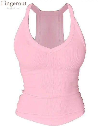 Built-in Bra V-Neck Ribbed Spaghetti Strap Cami Top - Pink / S