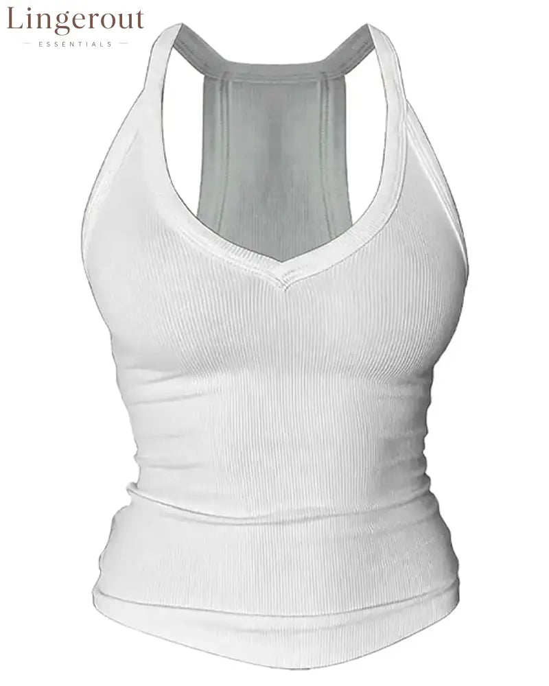 Built-in Bra V-Neck Ribbed Spaghetti Strap Cami Top - White / S