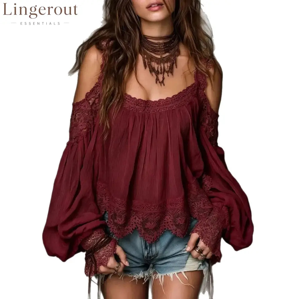 Burgundy Boho Cold-Shoulder Lace Blouse - Claret / S