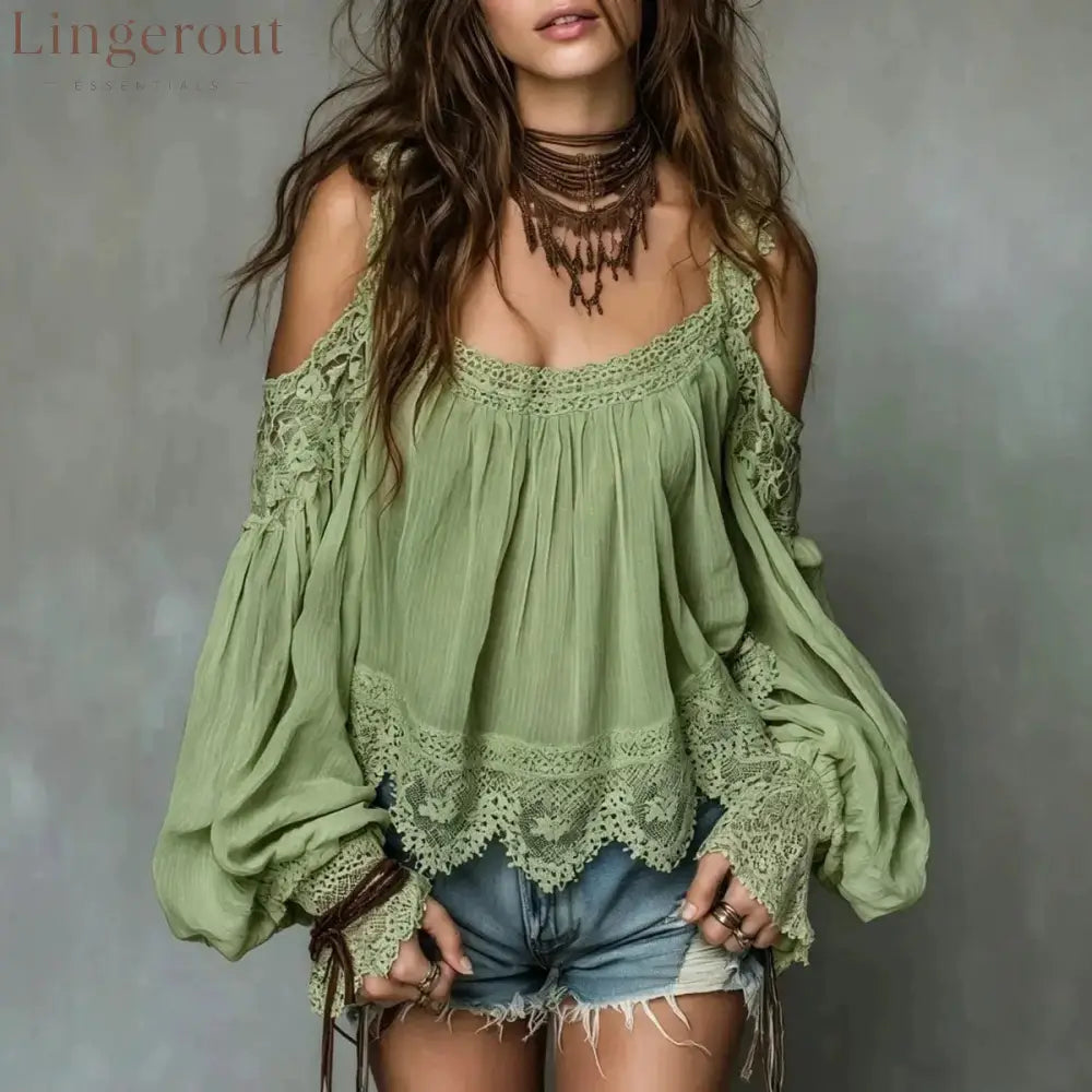 Burgundy Boho Cold-Shoulder Lace Blouse - Green / S