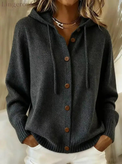 Button Front Hooded Knit Cardigan With Pockets