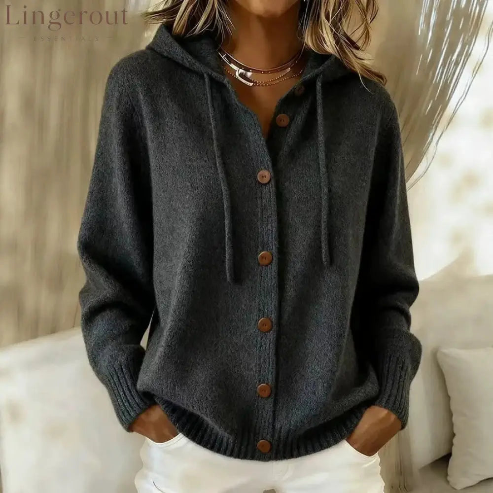 Button Front Hooded Knit Cardigan With Pockets - Black / S