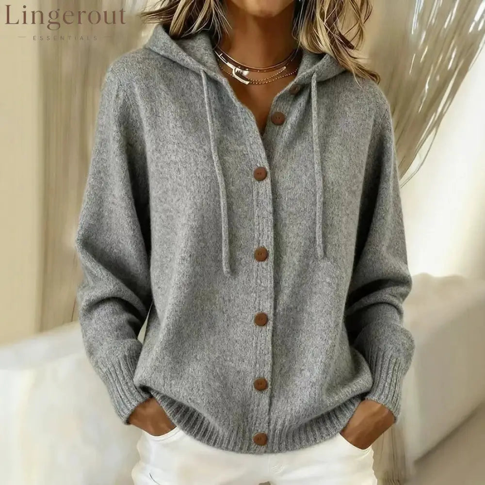Button Front Hooded Knit Cardigan With Pockets - Grey / S