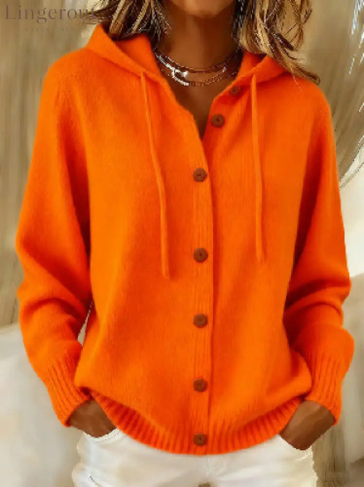 Button Front Hooded Knit Cardigan With Pockets - Orange red / S