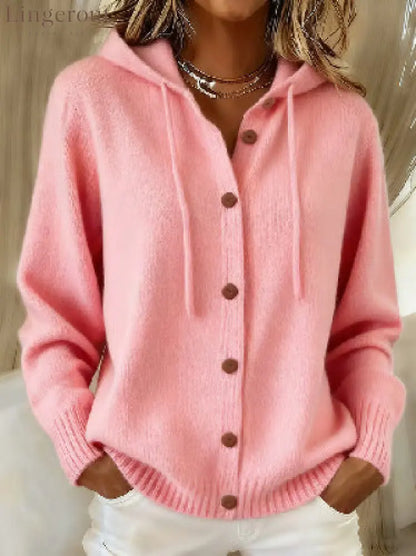 Button Front Hooded Knit Cardigan With Pockets - Pink / S