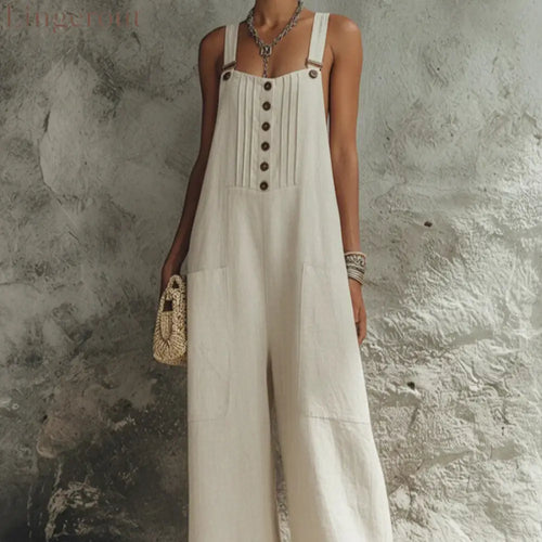 2026 European And American Cross-Border Women’S Independent Station Popular Woven Button Sleeveless Wide-Leg Pants