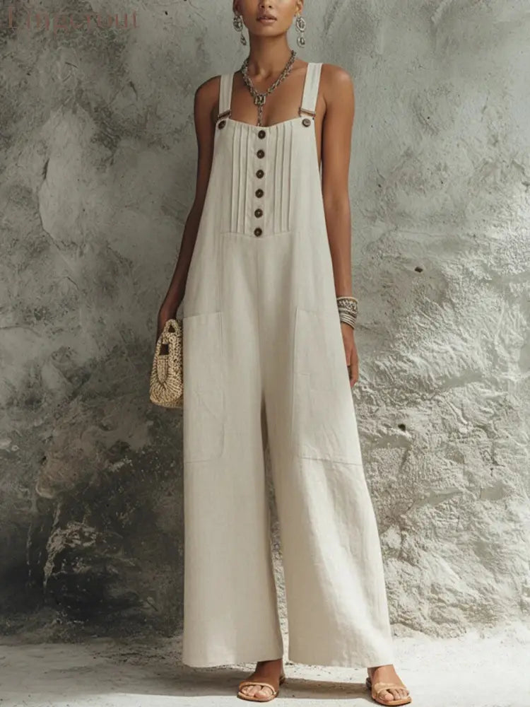 2026 European And American Cross-Border Women’S Independent Station Popular Woven Button Sleeveless Wide-Leg Pants