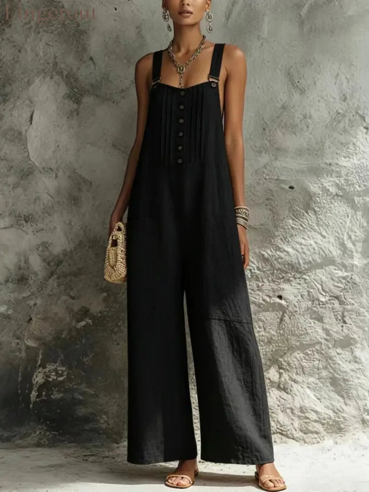 2026 European And American Cross-Border Women’S Independent Station Popular Woven Button Sleeveless Wide-Leg Pants
