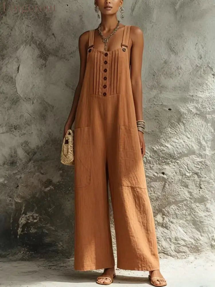 2026 European And American Cross-Border Women’S Independent Station Popular Woven Button Sleeveless Wide-Leg Pants