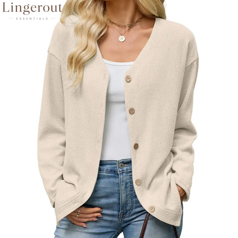 Button Front V-Neck Knit Cardigan - Apricot / S