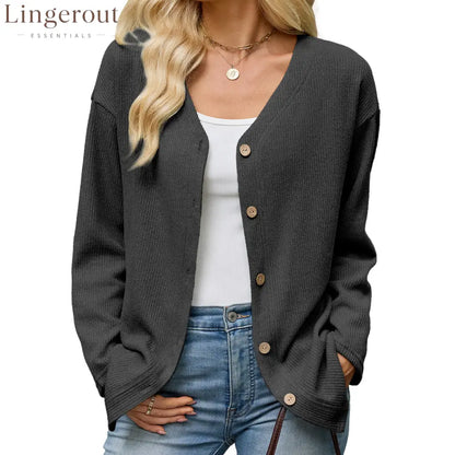 Button Front V-Neck Knit Cardigan - Black / S
