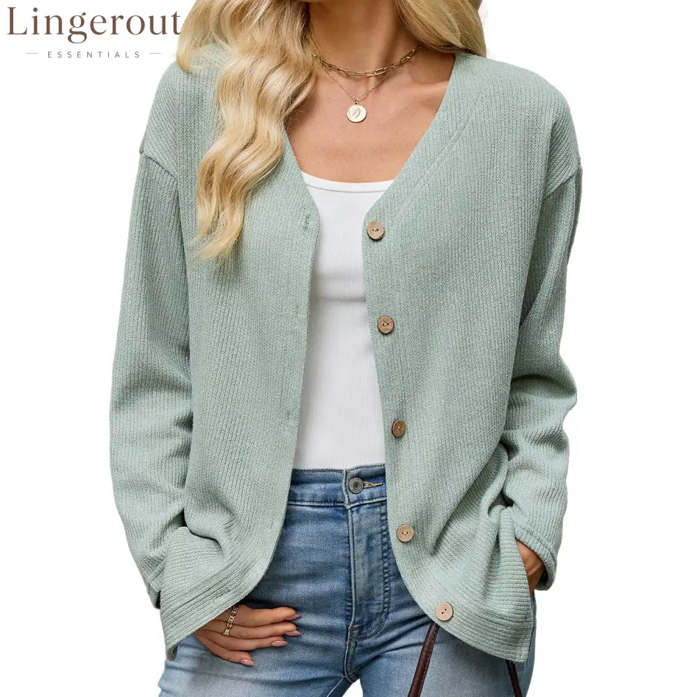 Button Front V-Neck Knit Cardigan - Green / S