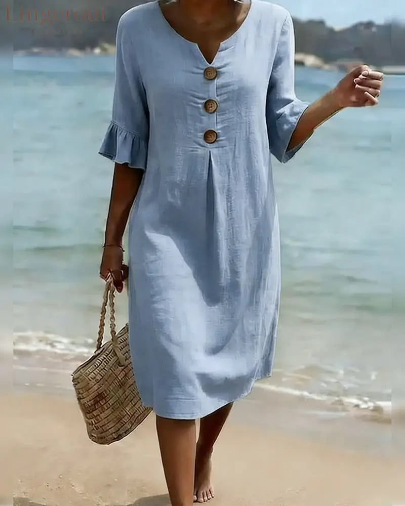 Button Ruffle Sleeve 100% Cotton Dress - Blue / S - Dresses