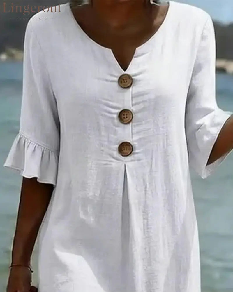 Button Ruffle Sleeve 100% Cotton Dress - Dresses
