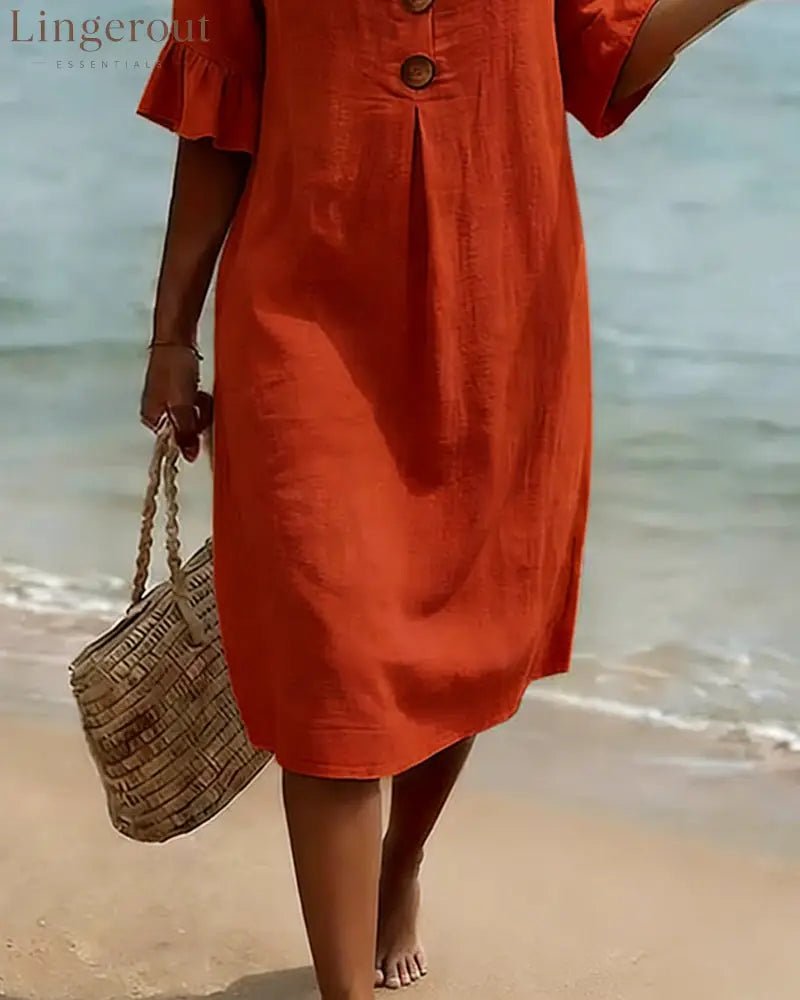 Button Ruffle Sleeve 100% Cotton Dress - Dresses