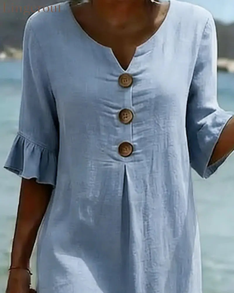 Button Ruffle Sleeve 100% Cotton Dress - Dresses
