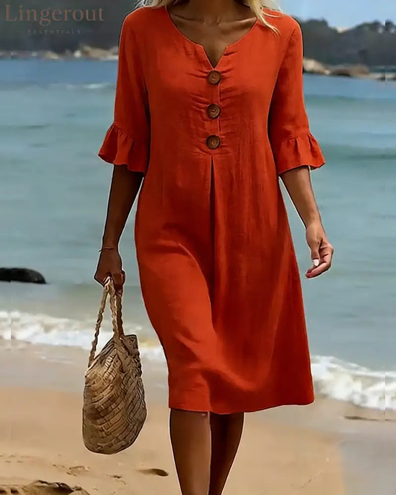 Button Ruffle Sleeve 100% Cotton Dress - Dresses