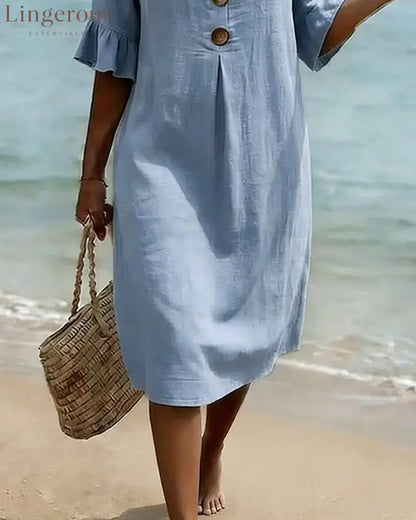 Button Ruffle Sleeve 100% Cotton Dress - Dresses