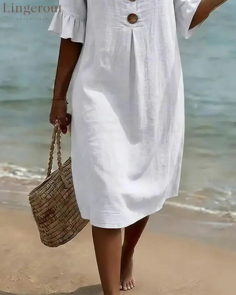 Button Ruffle Sleeve 100% Cotton Dress - Dresses