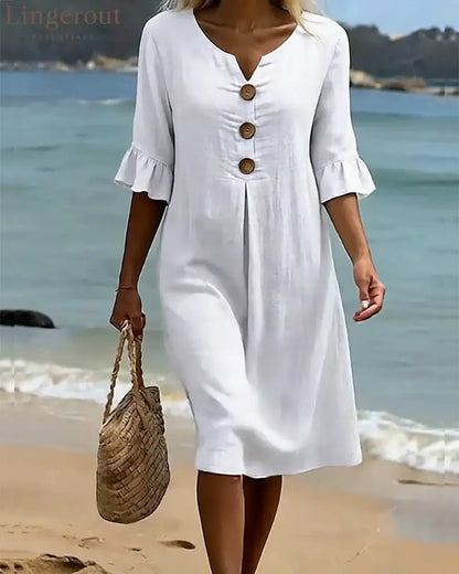 Button Ruffle Sleeve 100% Cotton Dress - Dresses