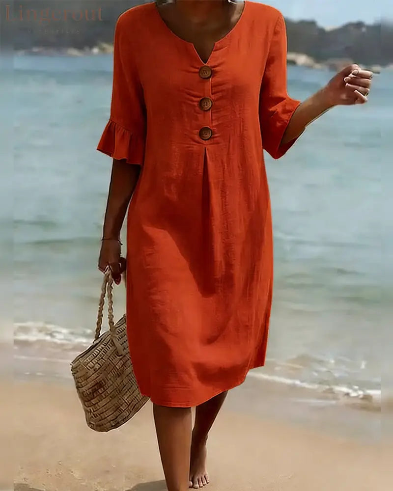 Button Ruffle Sleeve 100% Cotton Dress - Red / S - Dresses